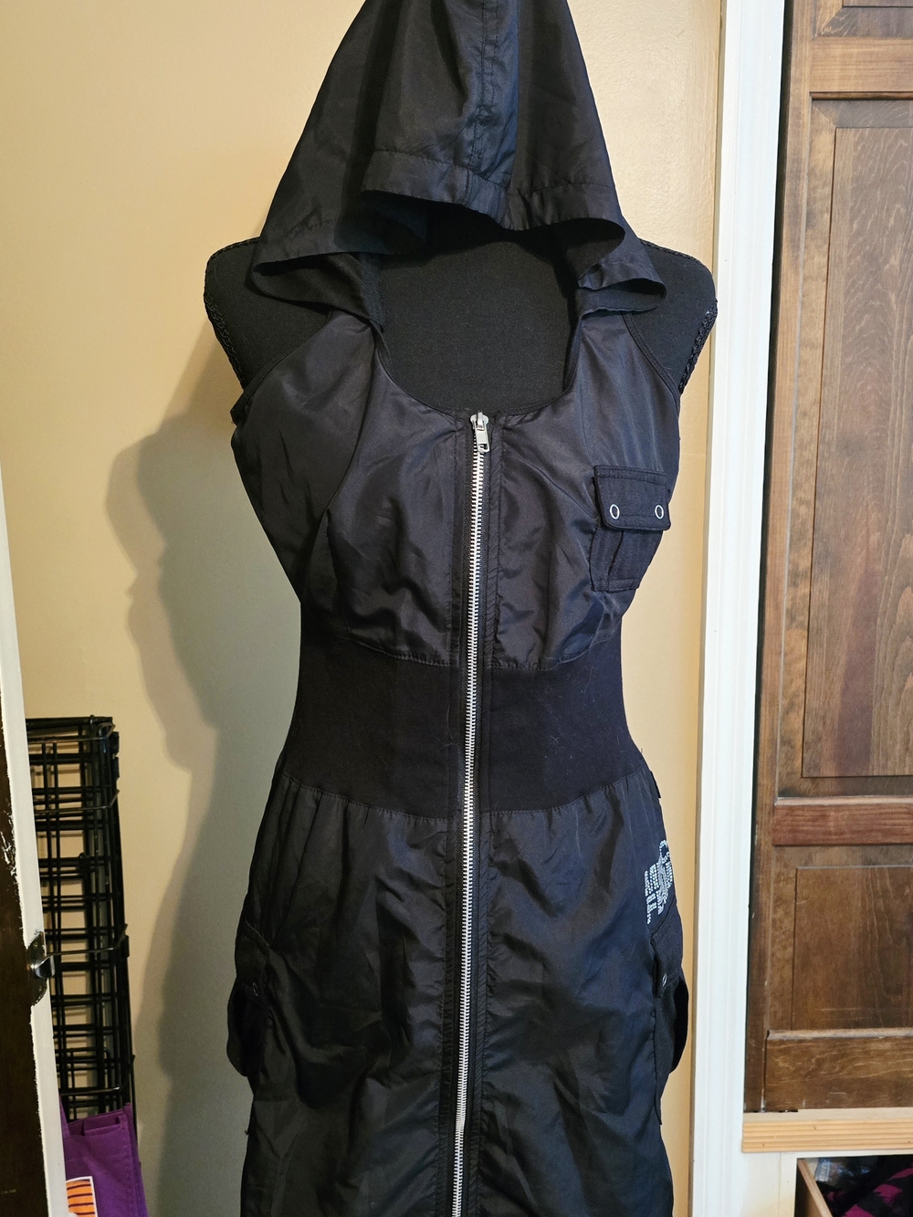 Black Strapless Hooded Zip-Front Dress